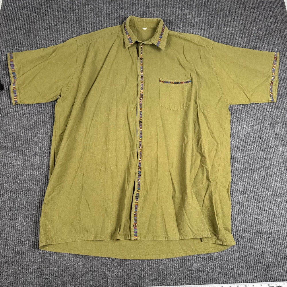 Mens XXXL Olive Green Short Sleeve Button Down Shirt Woven Trim Linen Feel